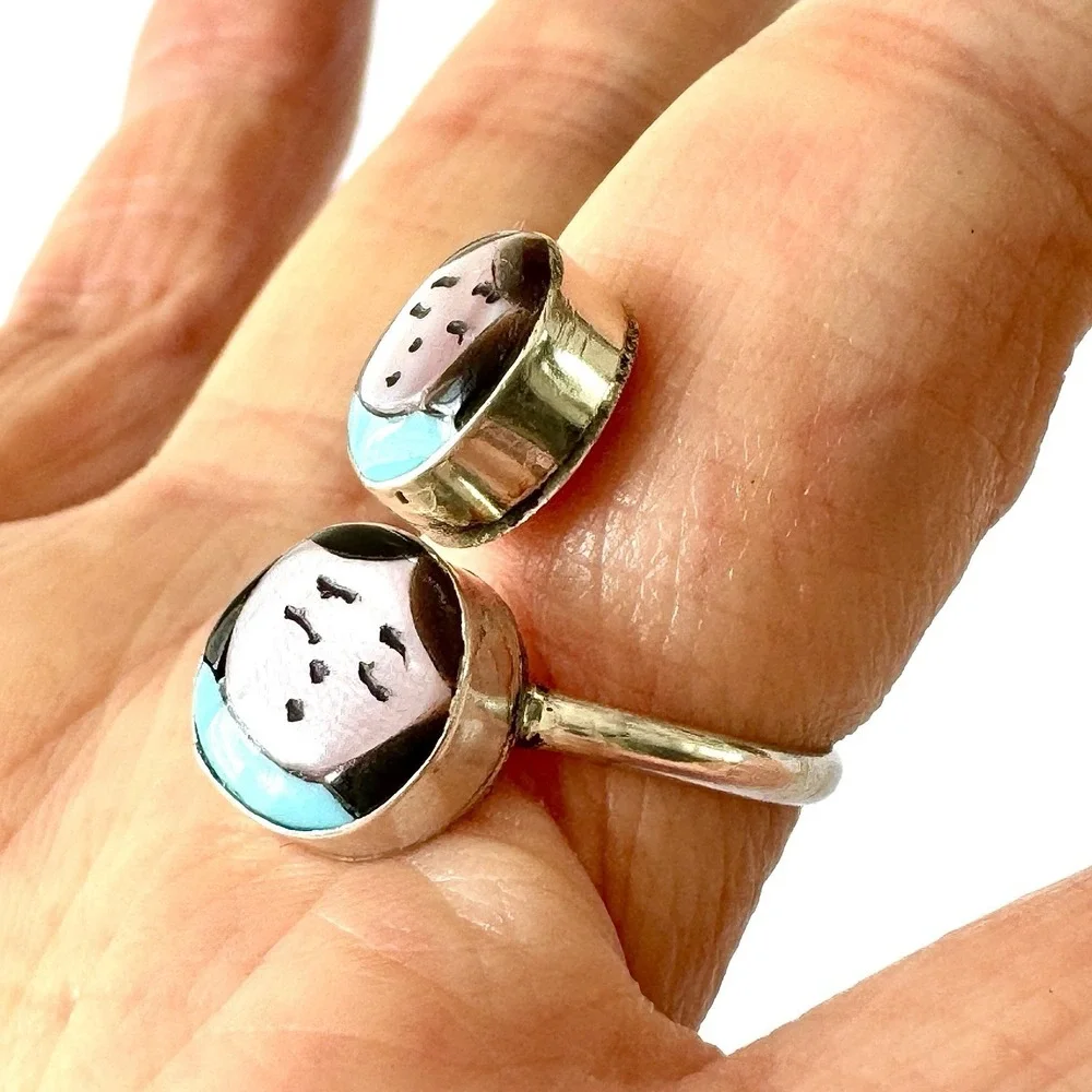 Zuni Indian Maiden Ring‎ Wrap Adjustable Sz 8 Turquoise Inlay Woman Native Amer